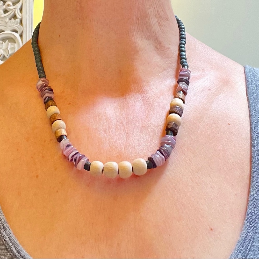 Vintage Handmade Wood And Amethyst Beaded Necklace